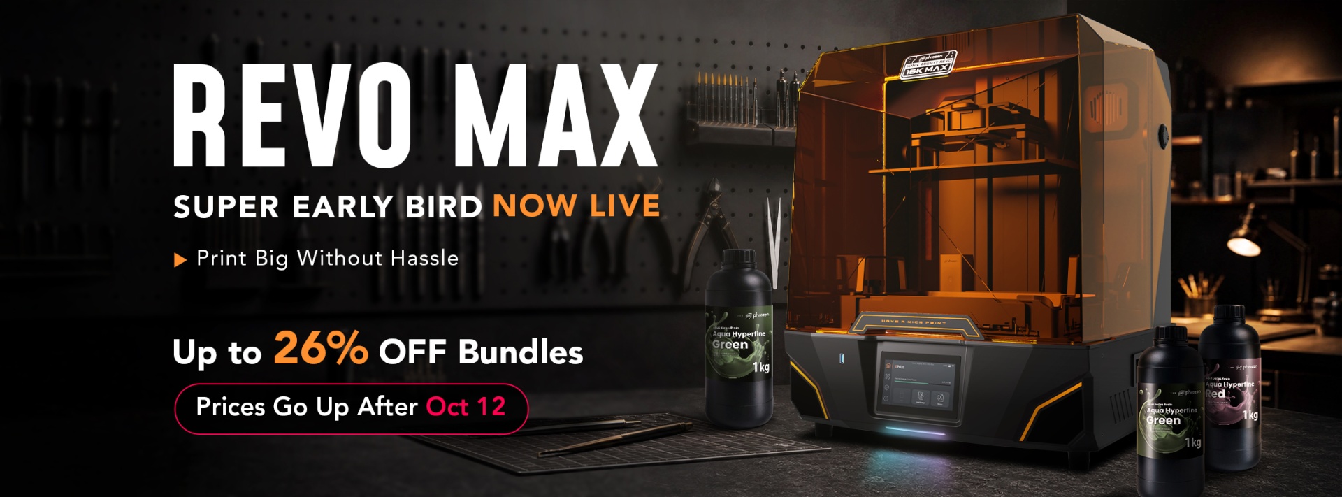 Promotional banner for the REVO MAX 3D printer. Super Early Bird pricing opens Sept. 22: MSRP $1,600, early-bird price $1,300, and $1,250 with a subscriber code. A woman holds detailed dragon models beside the orange-and-black printer, with a “Get My Code” button.